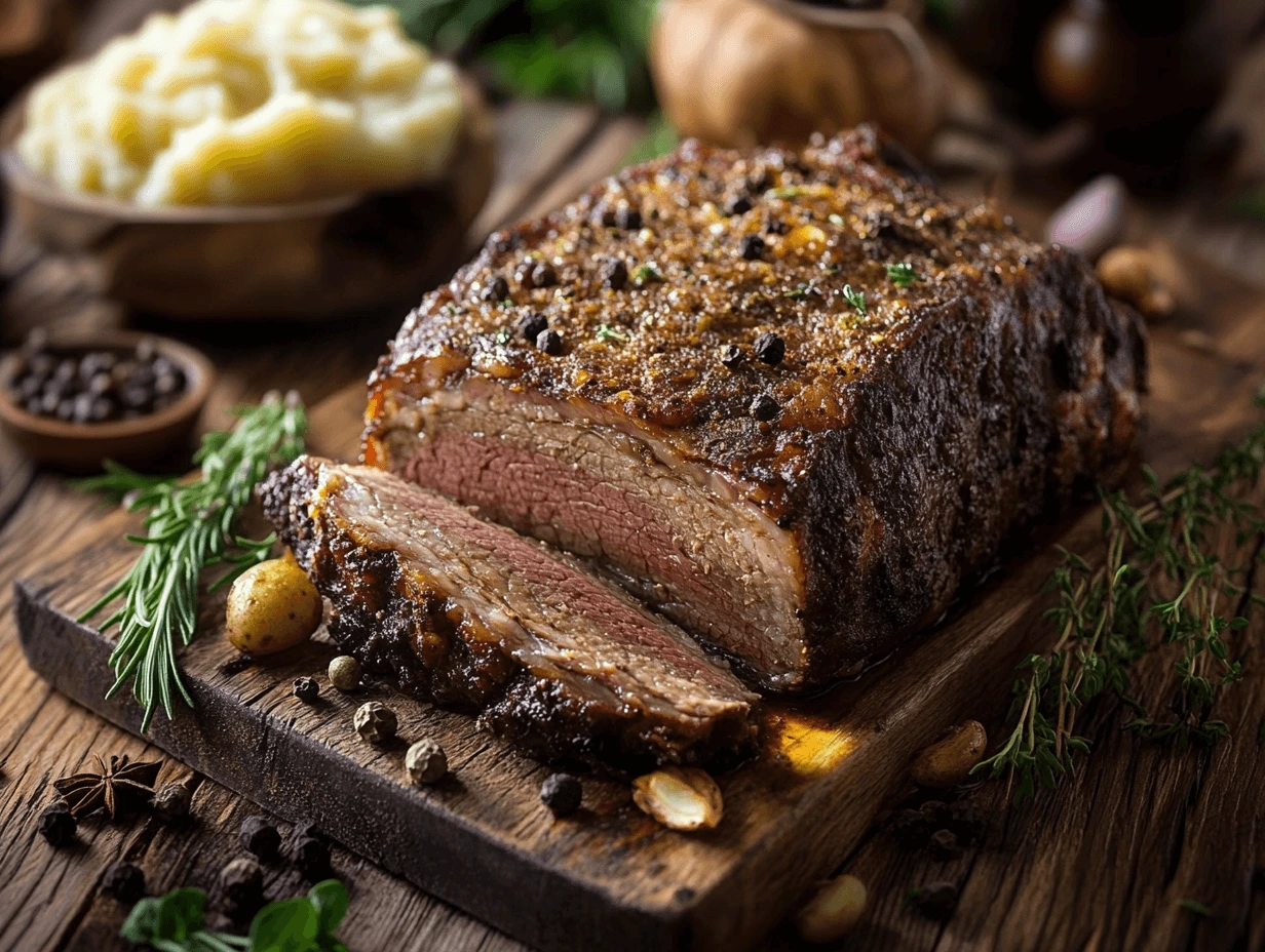 Close-up of a perfectly seasoned brisket with beef bouillon powder for brisket, showing its rich, flavorful crust