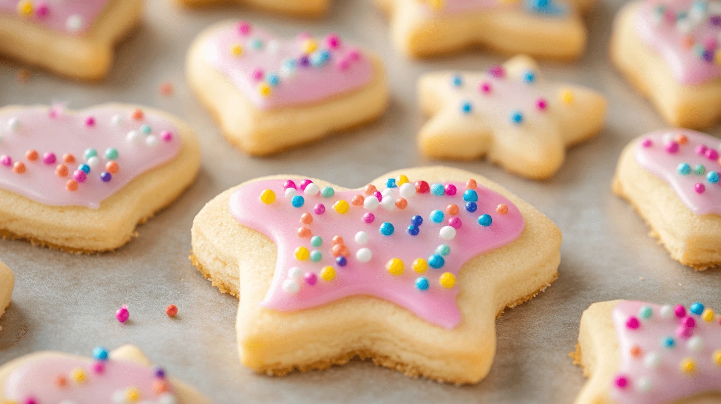 Close-up of a beautifully decorated gluten free sugar cookie recipe shaped like a star with vibrant royal icing and sprinkles