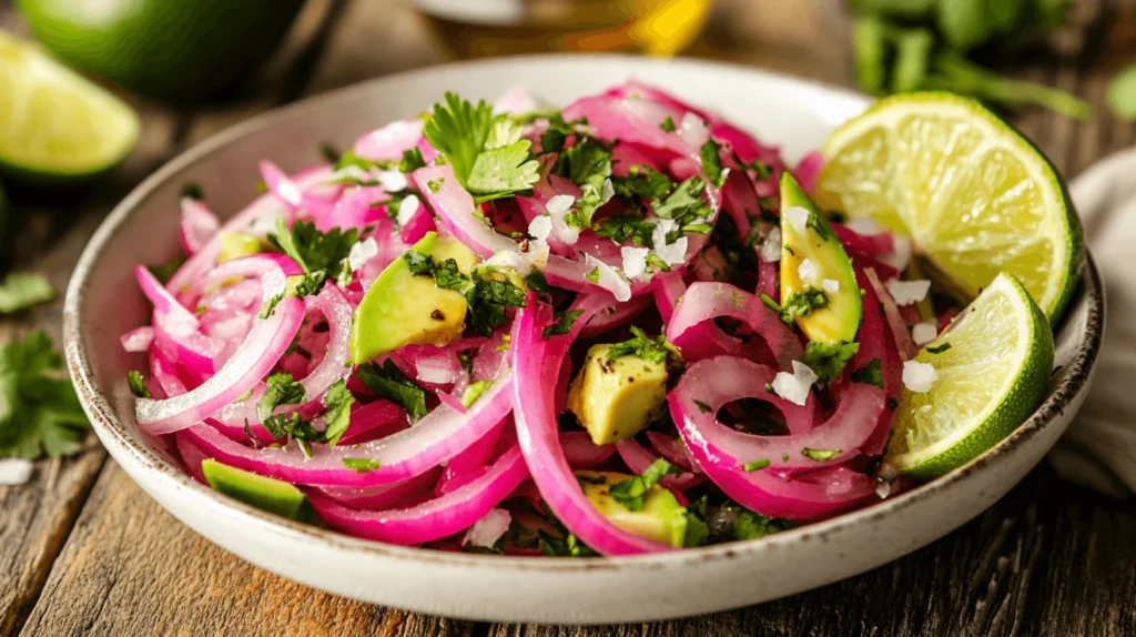 Overhead view of a cebolla ensalada recipe with red onions, avocado, and lime