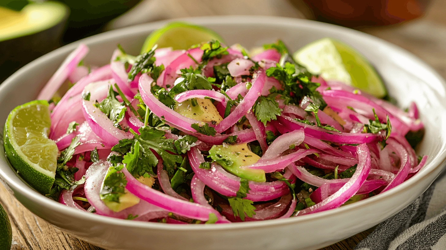 Close-up of a cebolla ensalada recipe with red onions, lime, and cilantro