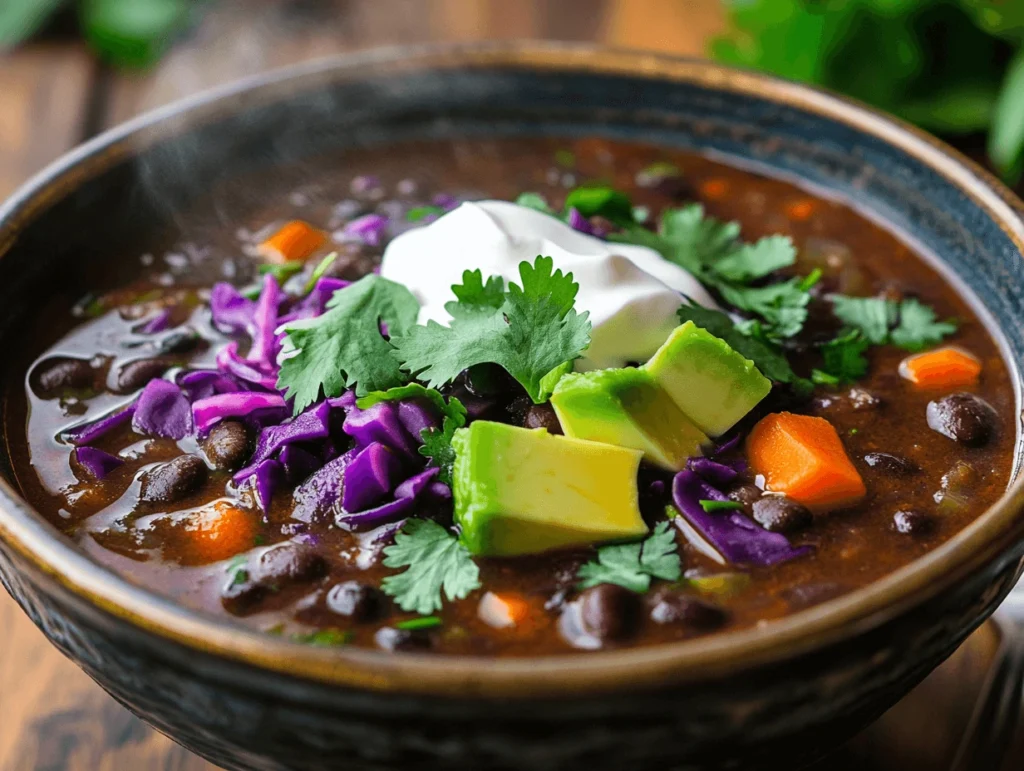 Close-up of a vibrant purple black bean soup with purple carrots, red cabbage, and black beans, garnished with cilantro and avocado slices