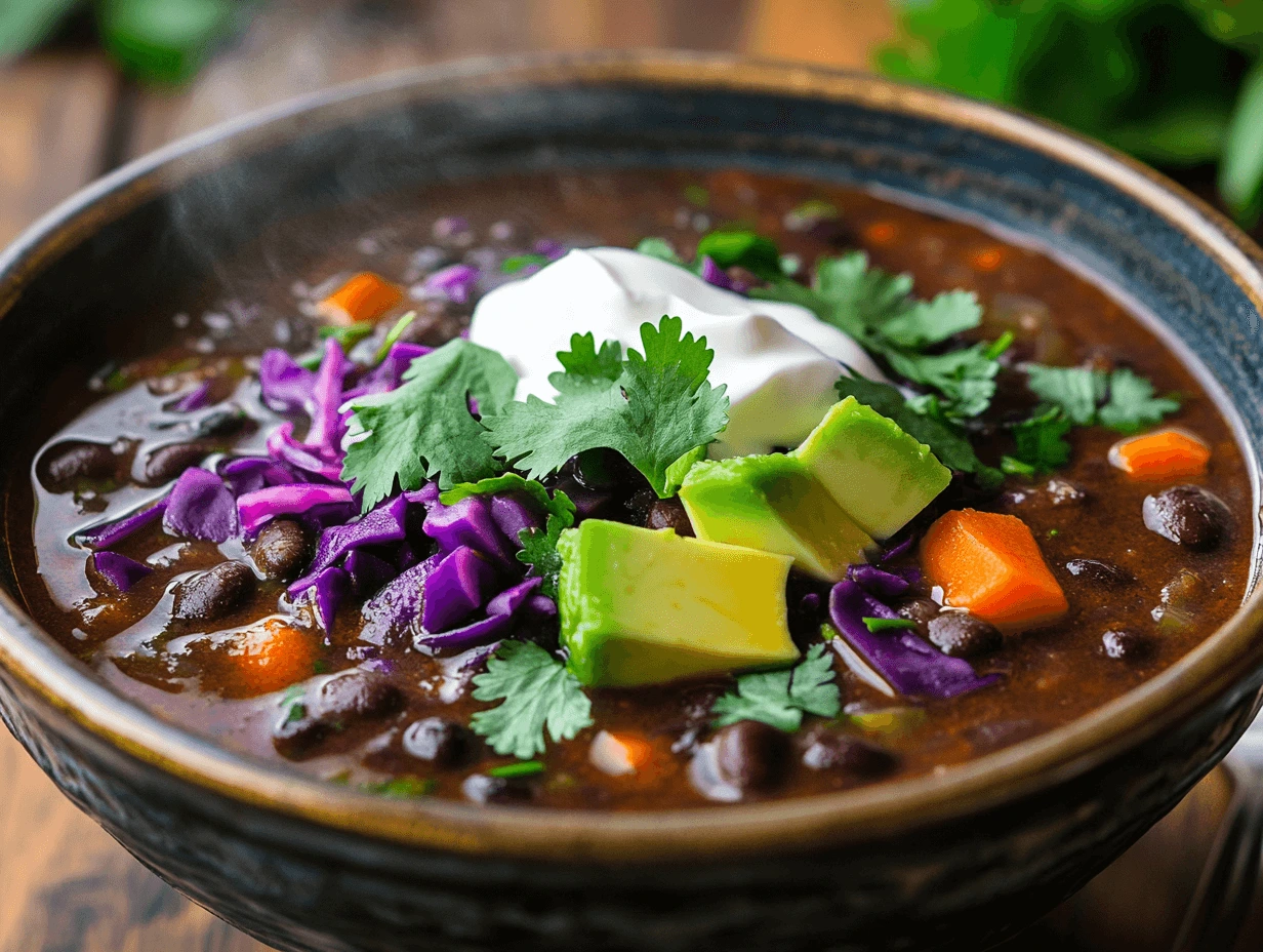 Close-up of a vibrant purple black bean soup with purple carrots, red cabbage, and black beans, garnished with cilantro and avocado slices