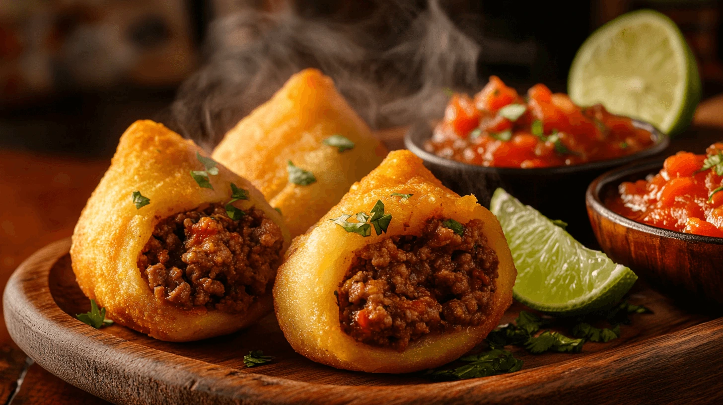 A close-up of crispy golden papas rellenas served on a white plate with fresh herbs.