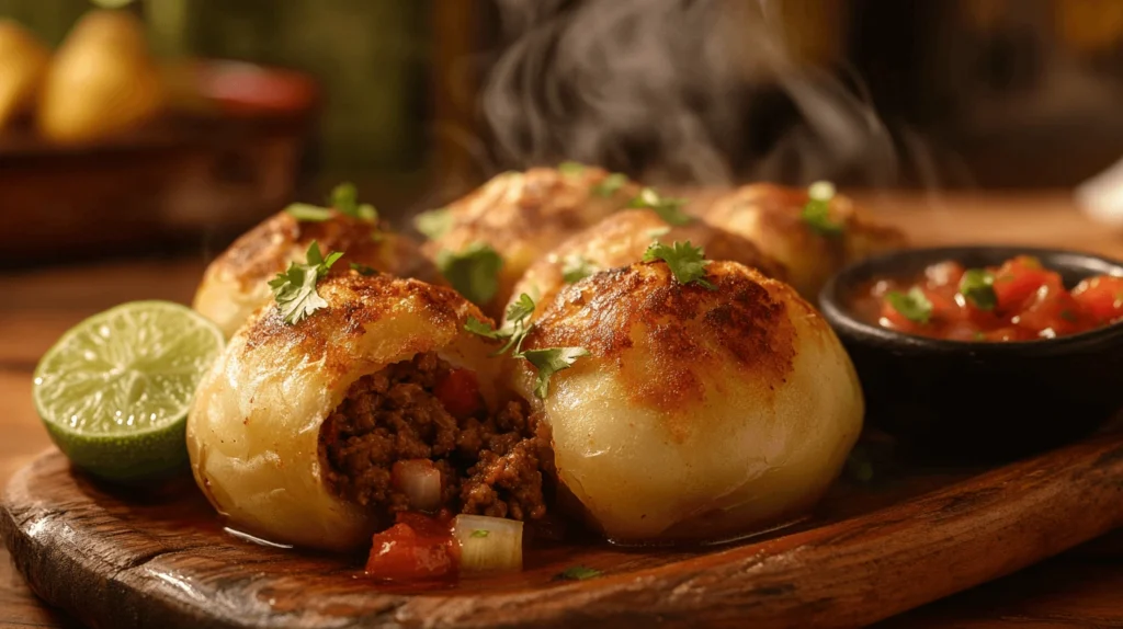 Delicious papas rellenas with a golden crust, garnished with cilantro and a side of salsa