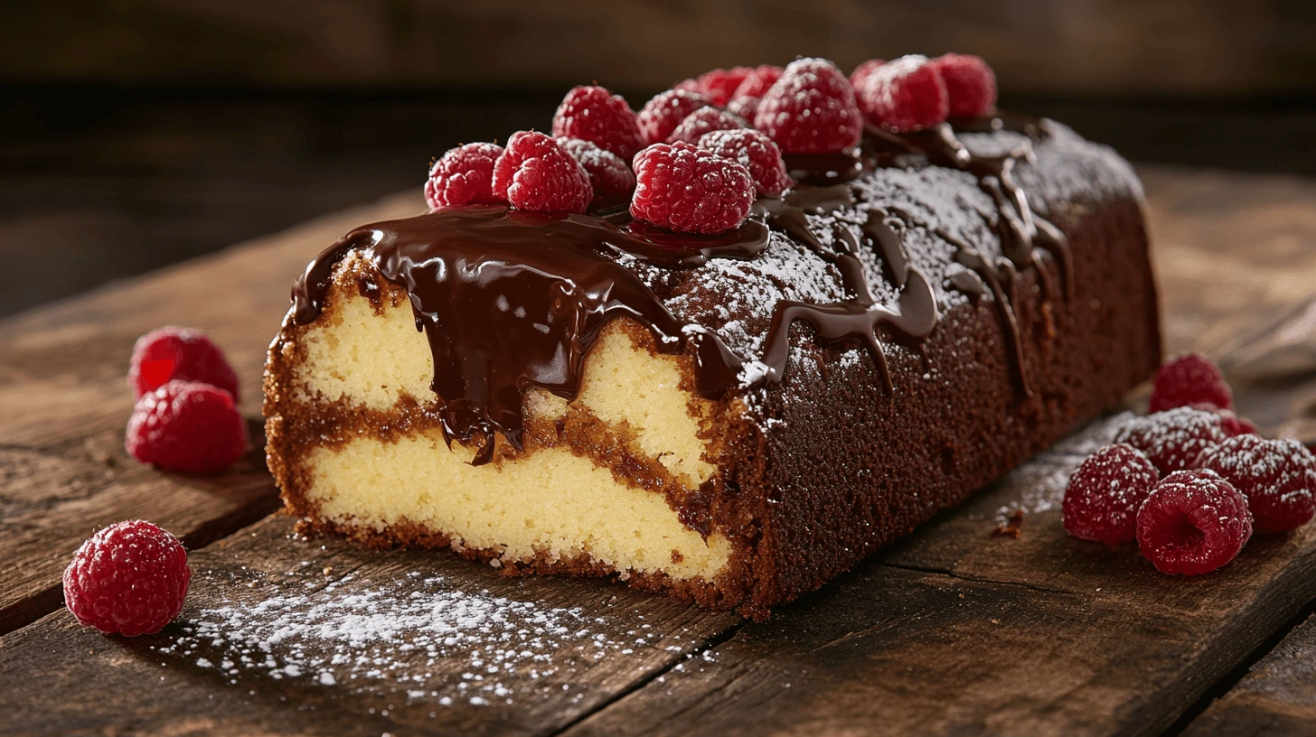 Slice of Chocolate Cream Cheese Pound Cake with ganache and fresh raspberries