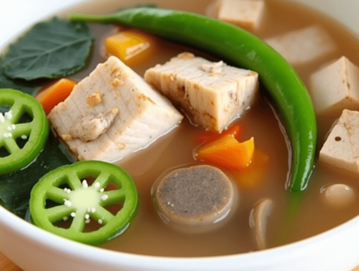 A bowl of sinigang recipe featuring tender pork, fresh vegetables, and a tangy tamarind-based broth, a traditional Filipino dish served hot.