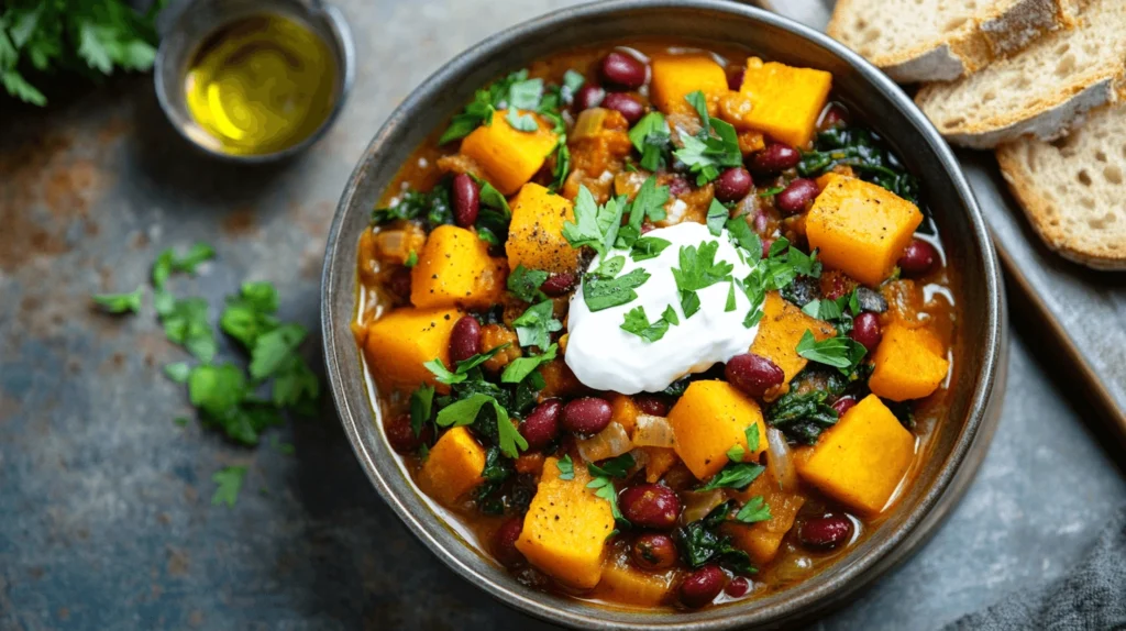 Bowl of squash and kidney bean with fresh herbs recipe