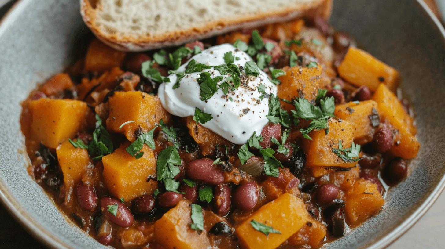 Bowl of squash and kidney bean with fresh herbs