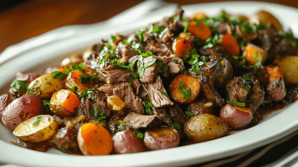 Venison roast recipe with tender meat, potatoes, and carrots on a platter.