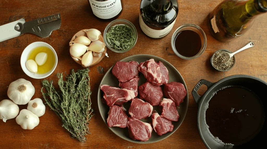 Raw venison roast recipe cuts with herbs, garlic, and red wine, alongside essential cooking tools.