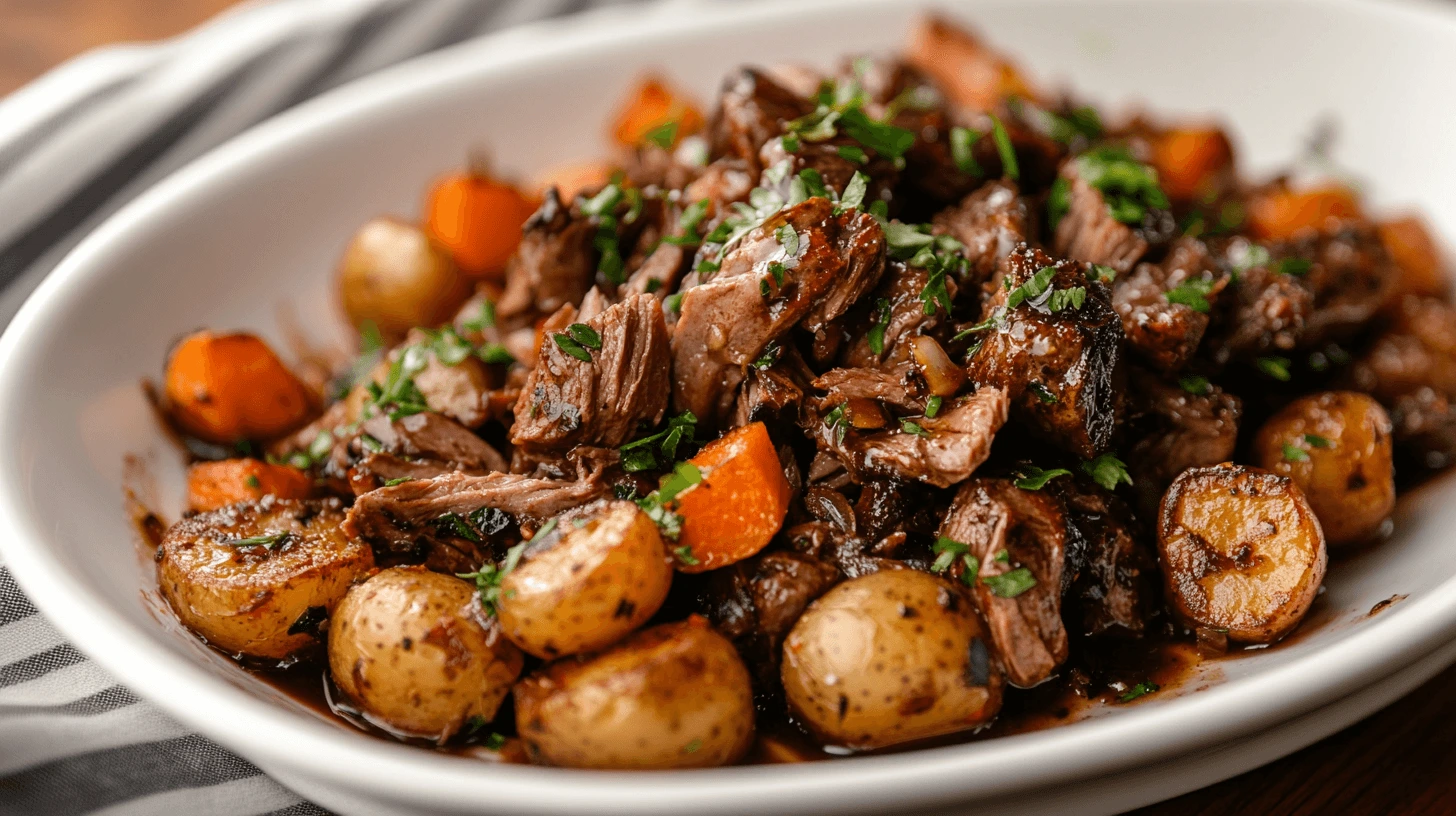 Perfectly cooked venison roast with root vegetables and red wine sauce